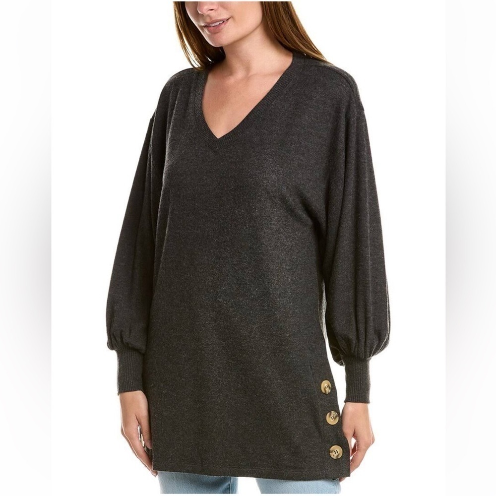 CHASER Recycled Knit V-neck Tunic Button Side Seam Balloon sleeves Size M NWT - Picture 5 of 13